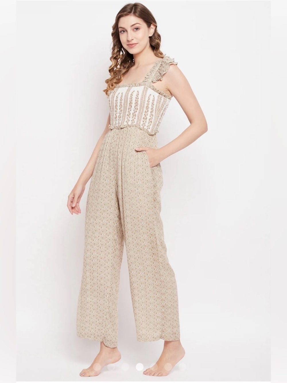 Sim &‎ Sam Taupe Ivory Rayon Crinkle Strap Jumpsuit , size Large